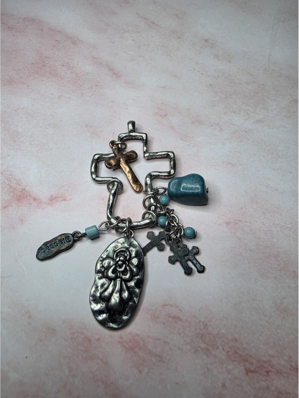BLESSED Multi Charm Cross Pendant Mixed Metal Angel Turquoise Accent Boho
